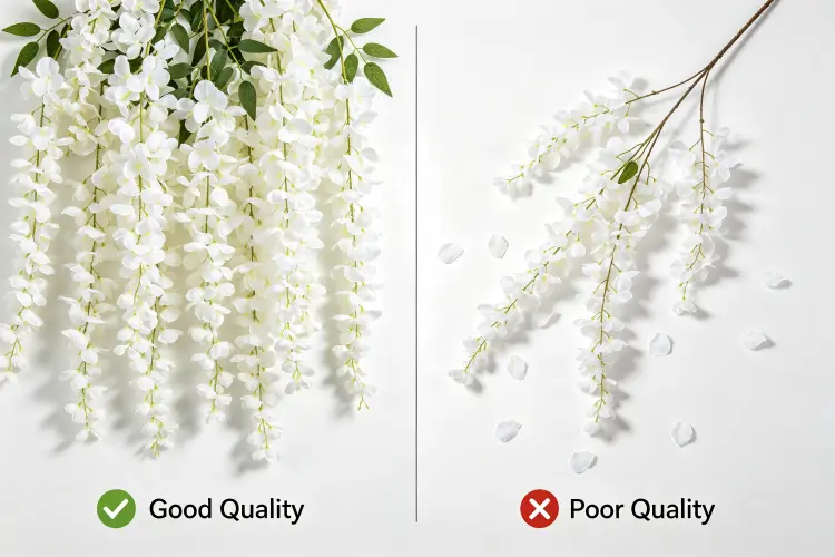 Quality comparison of good vs bad hanging flower wisteria vines showing density and attachment