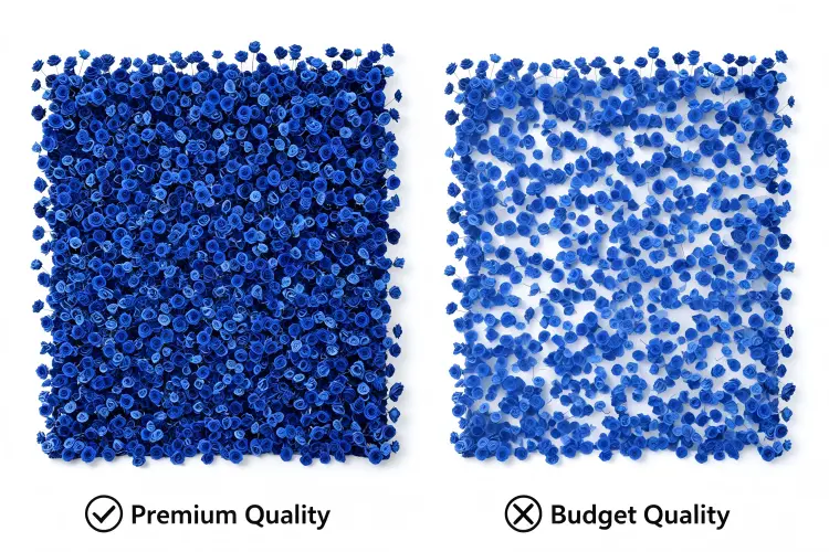 Quality comparison of premium vs budget flower walls showing density and material difference