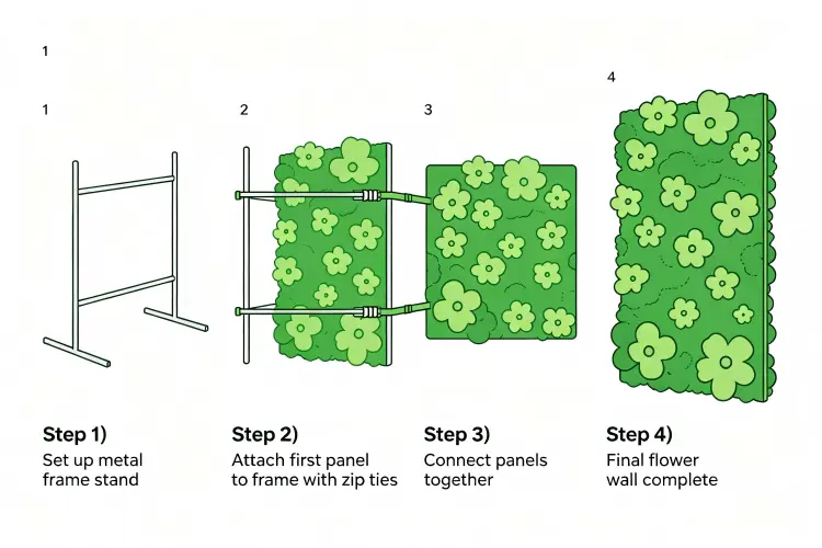 Step by step flower wall installation process showing frame assembly and panel attachment