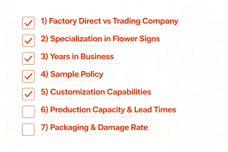 Supplier evaluation checklist for flower sign wholesale sourcing with 7 criteria