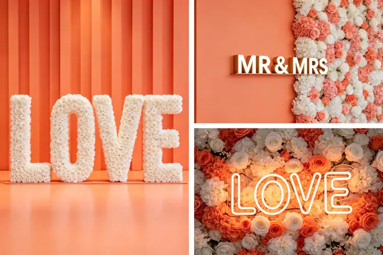 Different types of flower letter signs including freestanding LOVE, wall-mounted, and flower neon combo