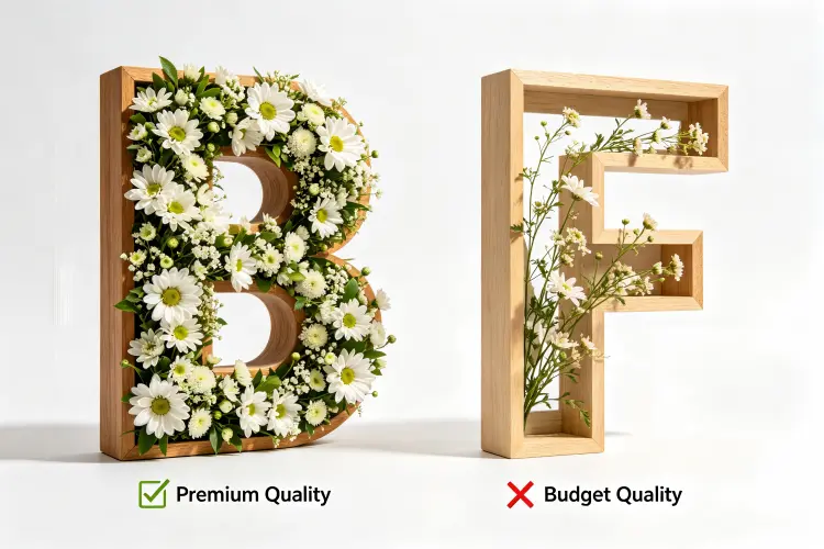 Quality comparison of premium vs budget flower signs showing frame, density, and flower attachment