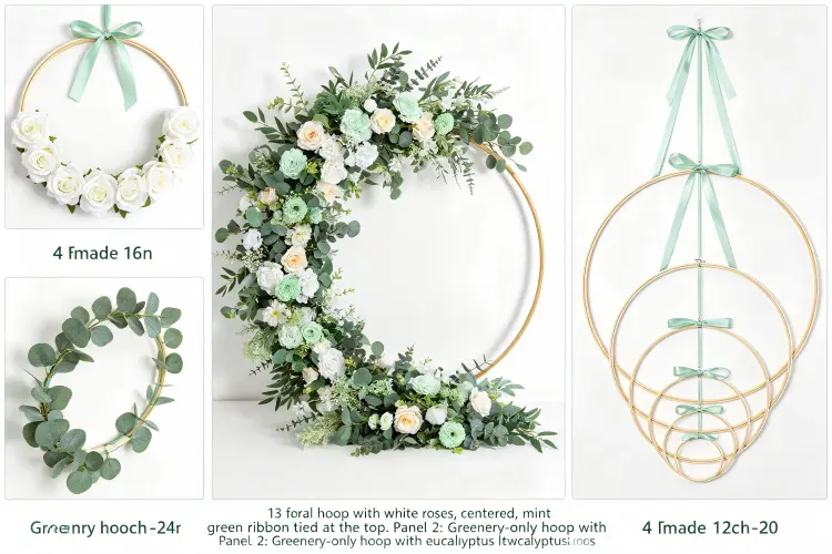 Different types of floral hoops including pre-made, greenery-only, large statement, and hoop sets