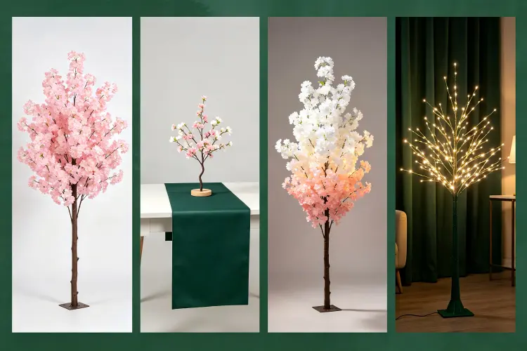 Different types of artificial flower trees including cherry blossom, mini tabletop, gradient, and LED light-up