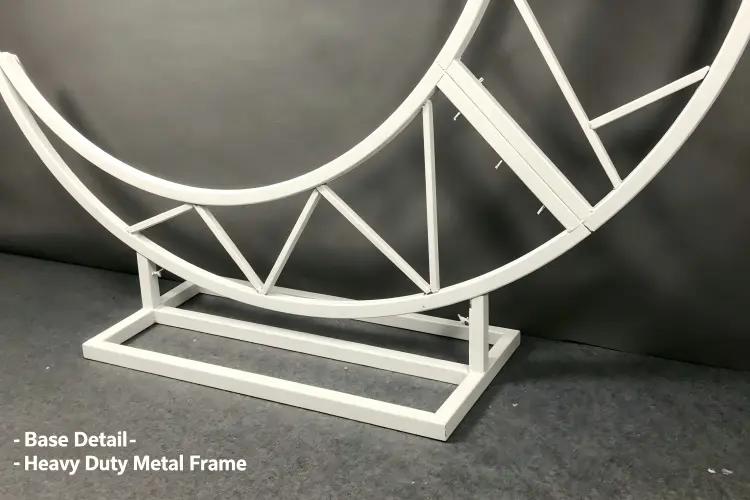 Close-up of moon gate arch base design showing wide stable metal base with locking mechanism