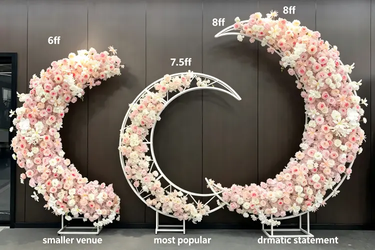Moon gate arch size comparison showing 6ft, 7.5ft, and 8ft diameters at wedding ceremony