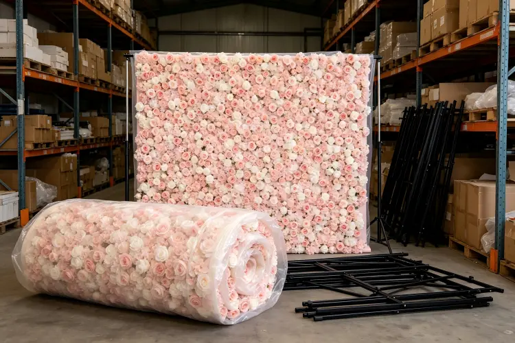 Artificial flower wall panels rolled up and stored in carrying bags at rental warehouse