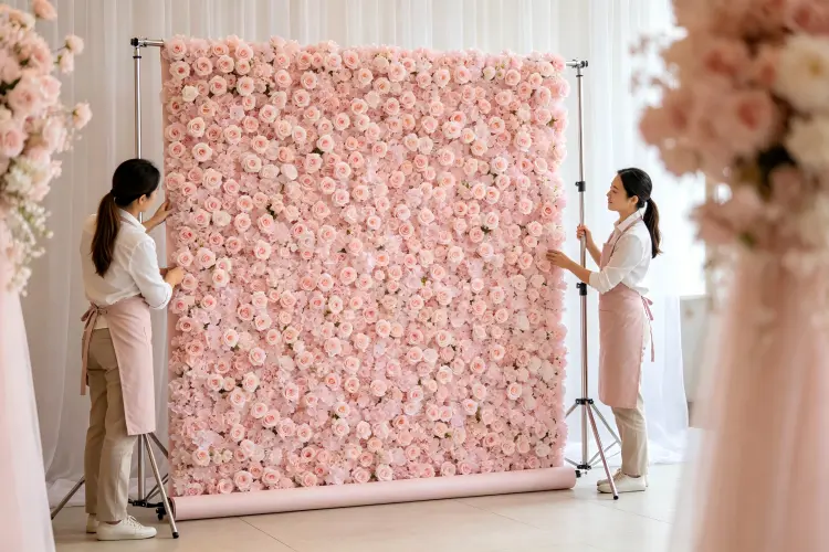 Two event staff setting up artificial flower wall backdrop at wedding venue in 15 minutes