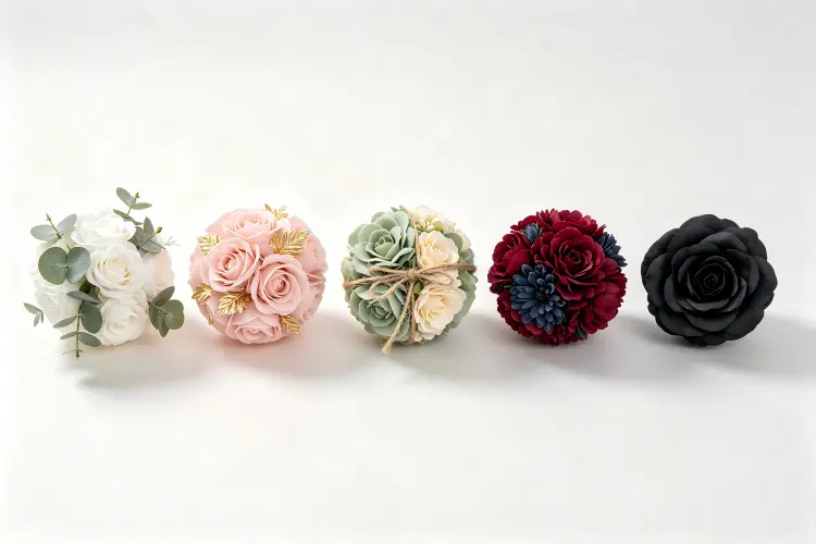 Step-by-step DIY flower ball making process showing foam ball being covered with artificial flowers
