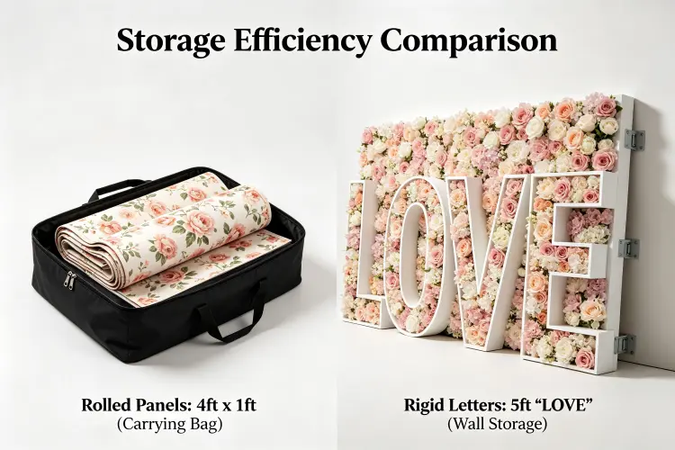 Roll-up fabric flower wall panels stored in carrying bag next to rigid flower letter sign in warehouse