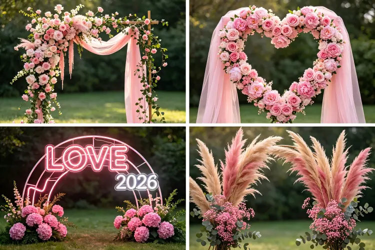 Asymmetrical floral wedding arch with lush flowers on one side and sparse on the other at outdoor ceremony