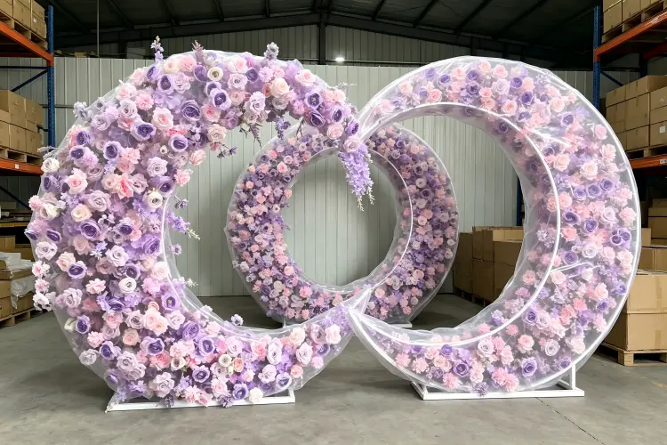 Three moon gate arches stored in carrying bags at event rental warehouse