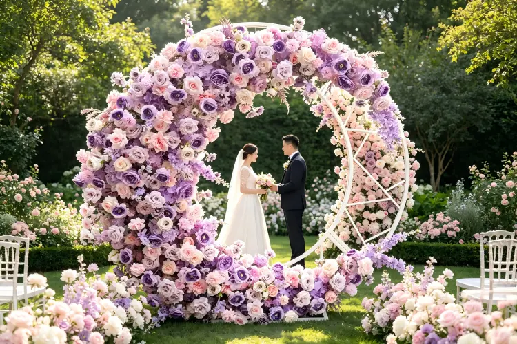 Bride and groom kissing in front of blush pink moon gate arch at indoor wedding reception