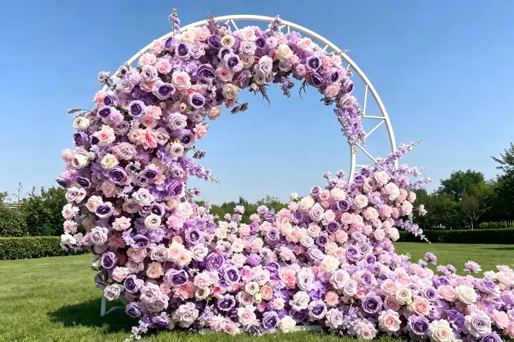 White moon gate arch with blush florals at outdoor wedding ceremony in Charlotte