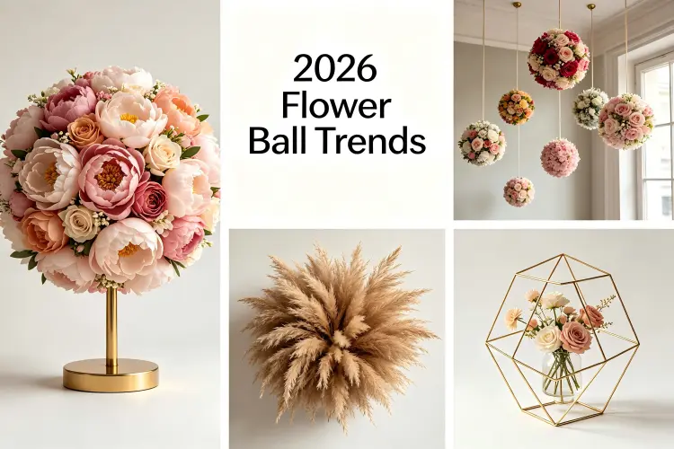 Collection of 2026 flower ball trends including oversized, hanging, dried, and geometric designs