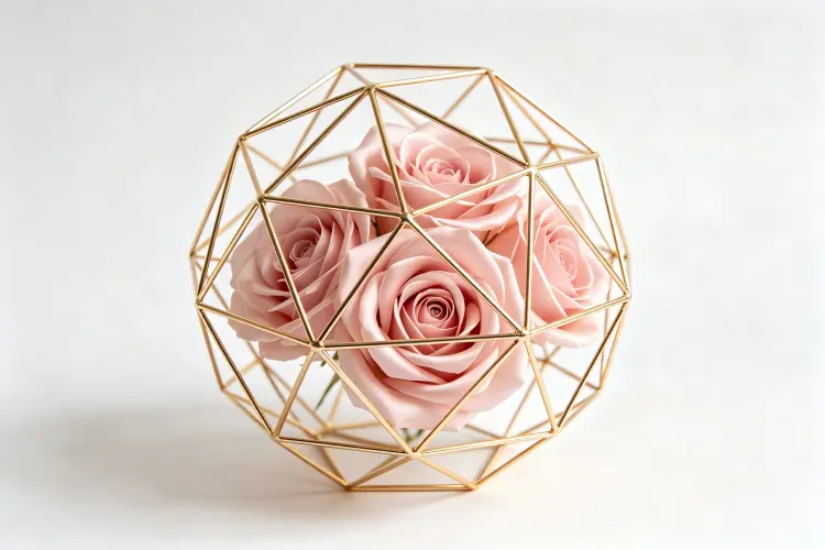 Geometric gold wireframe sphere with blush flowers arranged on frame at modern warehouse wedding