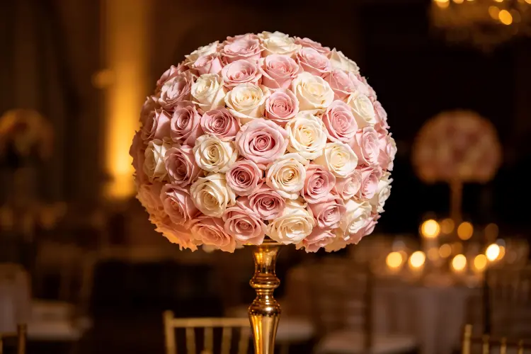 Oversized 18-inch white flower ball centerpiece on tall gold pedestal at luxury wedding