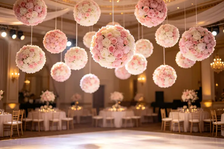 Cluster of hanging flower balls at varying heights over wedding dance floor with warm lighting