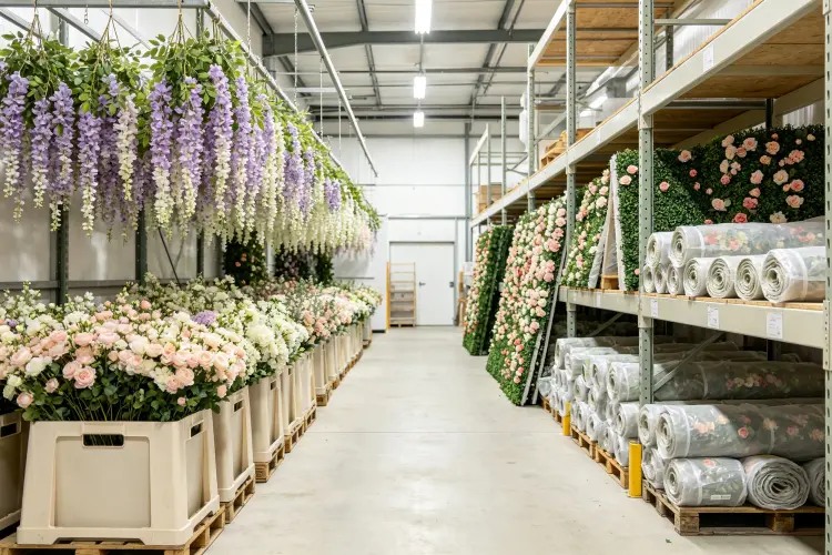 Event rental warehouse inventory showing hanging flower vines and rolled flower wall panels in storage