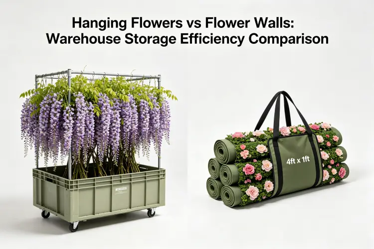 Rolled-up fabric flower wall panels in carrying bag next to hanging flower vines in storage bin