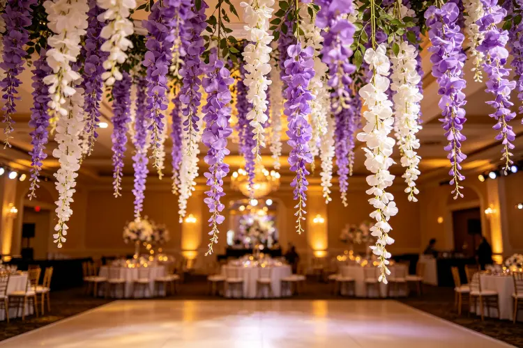 Lush wisteria hanging flower installation over wedding reception dance floor with warm lighting