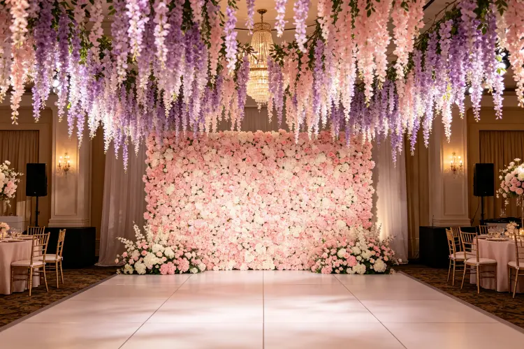 Wedding reception with hanging flower installation over dance floor and flower wall backdrop combined