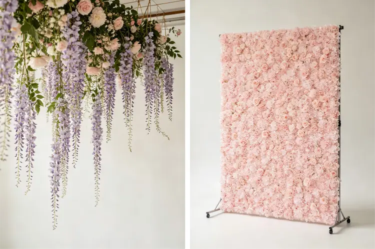 Side by side comparison of hanging flower ceiling installation and artificial flower wall backdrop at wedding