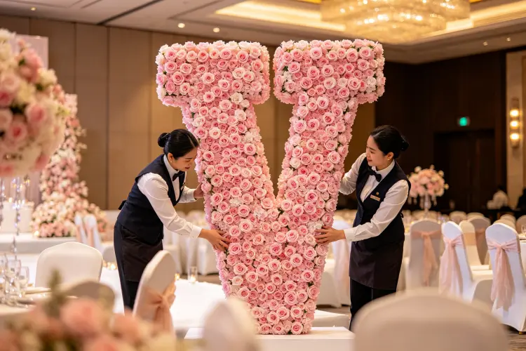 Staff installing flower sign in 5 minutes at event venue