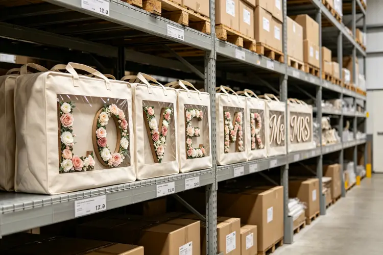Five custom flower signs in protective storage bags at warehouse