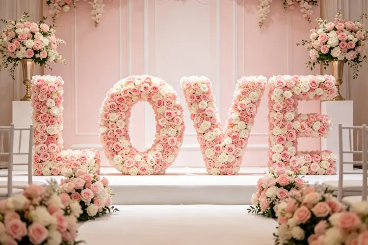Custom floral LOVE sign at wedding ceremony backdrop