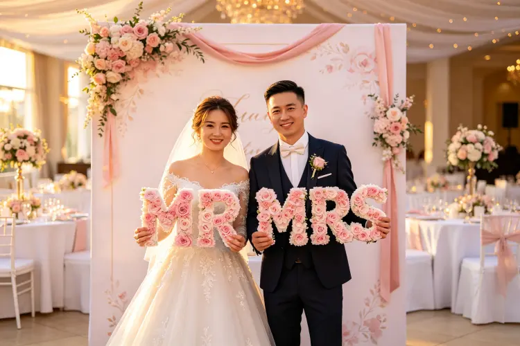 Bride and groom with custom MR and MRS flower sign at reception
