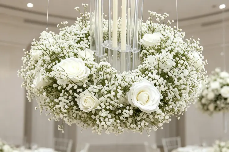 Staff hanging floral hoops from ceiling at wedding venue