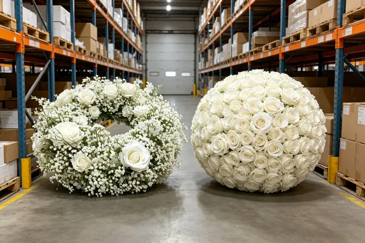 Floral hoops and flower balls inventory organized in storage racks