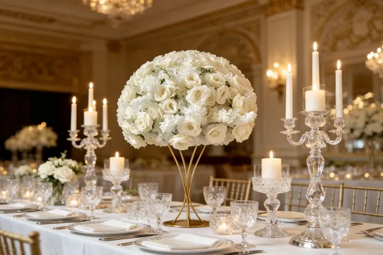 Flower balls as table centerpieces at wedding reception