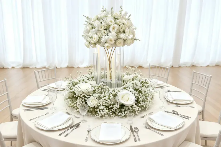Floral hoops and flower balls combined at wedding ceremony backdrop