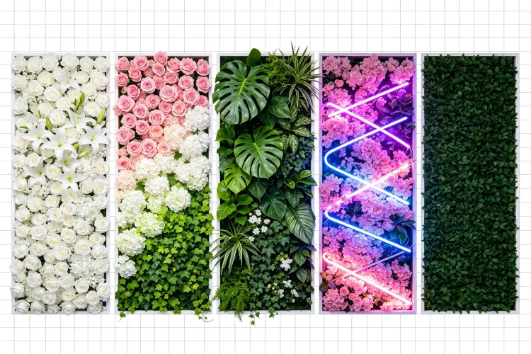 Five different flower wall backdrop styles displayed side by side