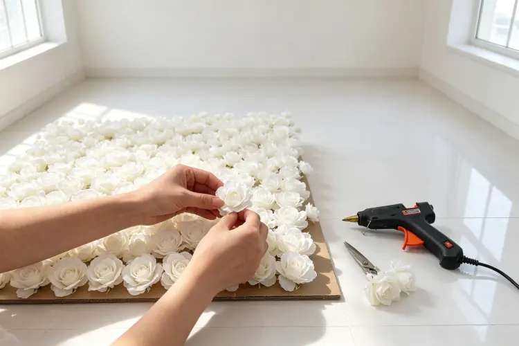 Hands gluing artificial flowers onto flower wall backing board