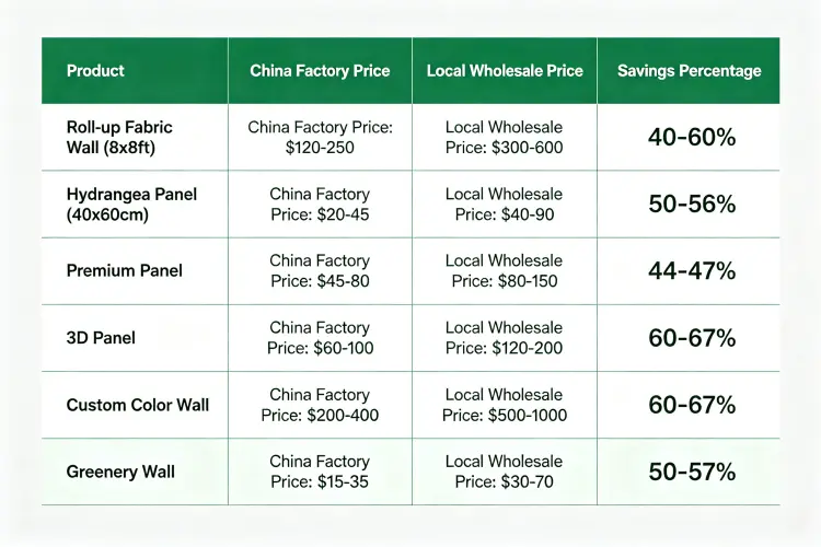 Artificial flower wall wholesale price comparison chart China factory vs local