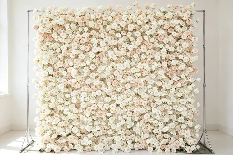 Staff installing roll-up flower wall backdrop in 15 minutes