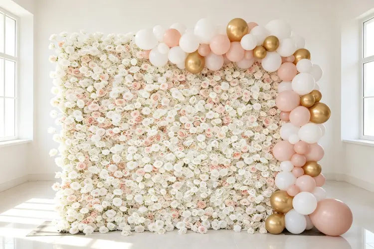Flower wall and balloon garland combined at wedding ceremony backdrop