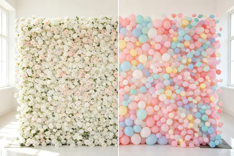 Flower wall vs balloon wall side by side comparison at events