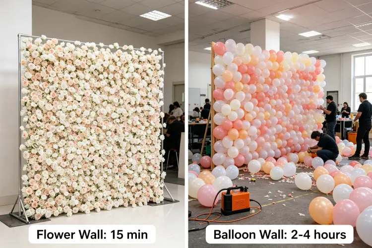 Flower wall easy installation vs balloon wall time consuming installation