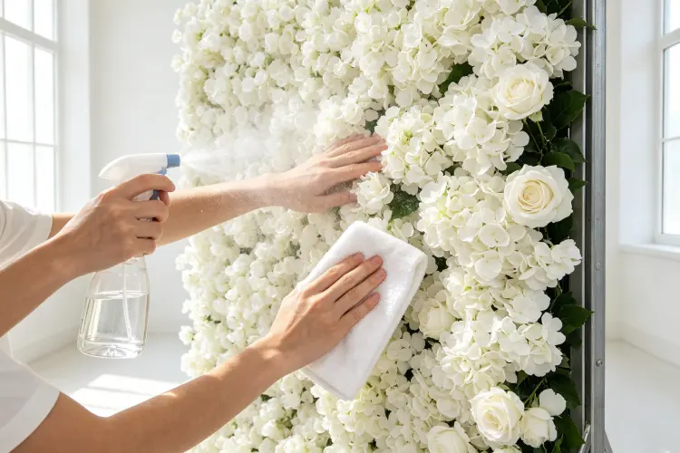 Deep cleaning artificial flower wall with microfiber cloth and spray bottle