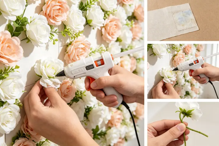 Common flower wall repairs including re-gluing flowers and patching fabric