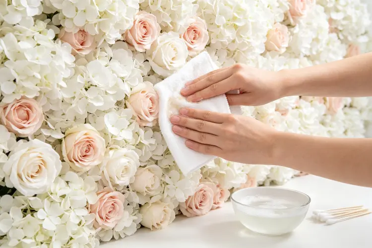 Cleaning makeup and wine stains from artificial flower wall with microfiber cloth