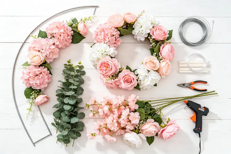 Materials and tools needed for DIY flower arch including frame, flowers, wire, glue gun