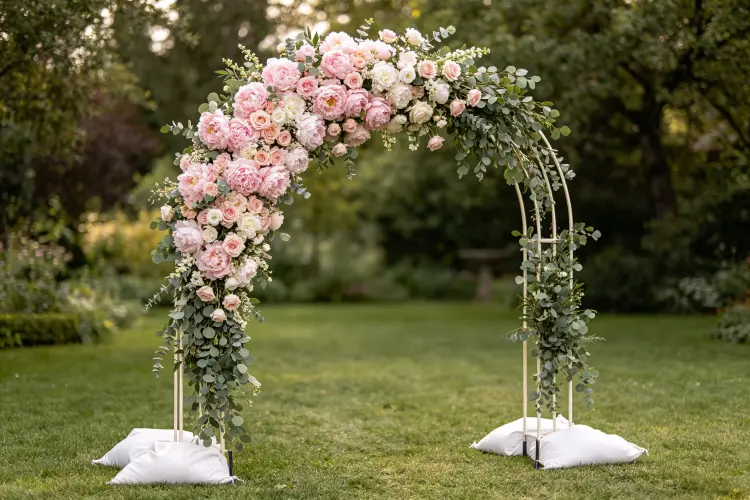 Outdoor flower arch stabilized with sandbags and tent stakes