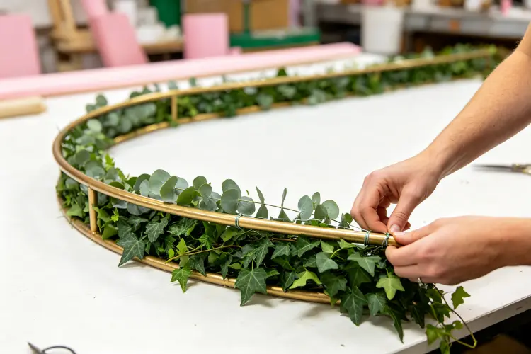 Attaching greenery garland to metal arch frame as base layer