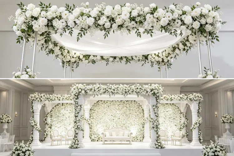 Combined chuppah with flower arch decor and mandap with flower walls at weddings