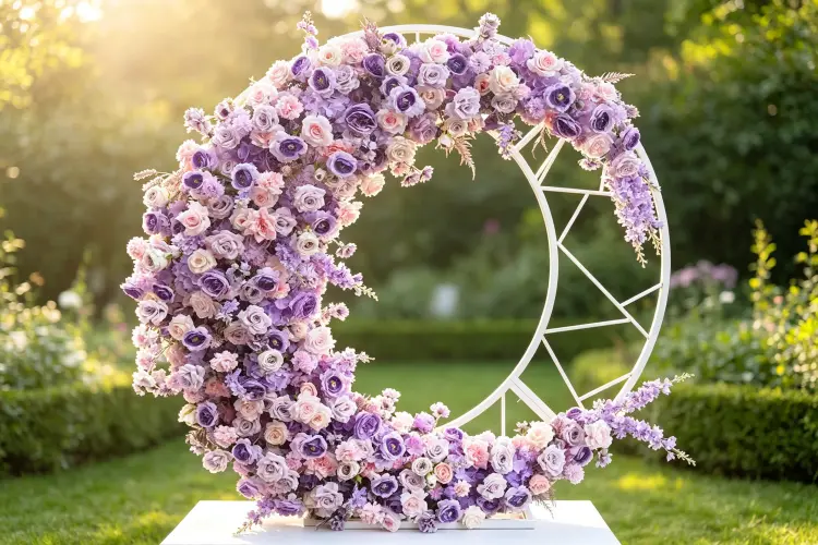 Moon gate arch decorated with flowers at outdoor wedding ceremony